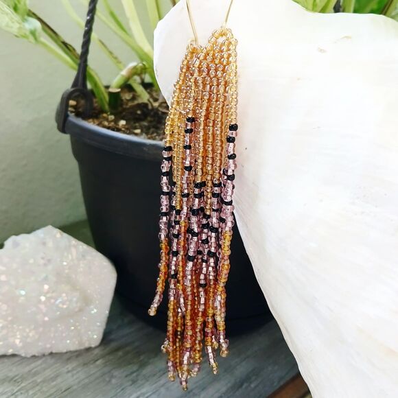 Long Beaded Fringe Dangle Earrings, Seed Bead Statement Boho Chic Jewelry 5.5" - Picture 10 of 10
